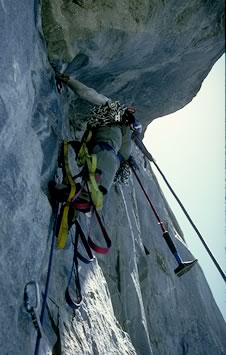 Aid Leads fine work on a great day, big wall hammer and lots of gear Aid Leads fine work on a great day, big wall hammer and lots of gear on a great overhang Copyright Brad Carlile