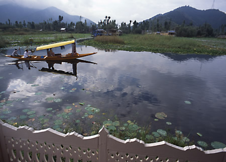 Srinagar Kashmir: View of Shikara Photograph from Kashmiri Houseboat Patio looking at Lotus on Dal Lake Fine Art Photography copyright 2004 Brad Carlile