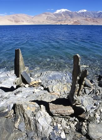 Ladakh: Tso Moriri Lake pillars High-altitude Salt Water indian Himalayas Lake fine art travel photography copyright 2004 Brad Carlile