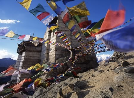 Leh Ladakh: Prayer flags in the wind Namgyal Tsemo fine art travel photography copyright 2004 Brad Carlile