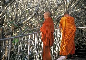 Experience Laos Travel: Two Monks in Louang Phabang in Laos overlooking the Mekong River Fine Art Photography Copyright 2003 Brad Carlile photographer